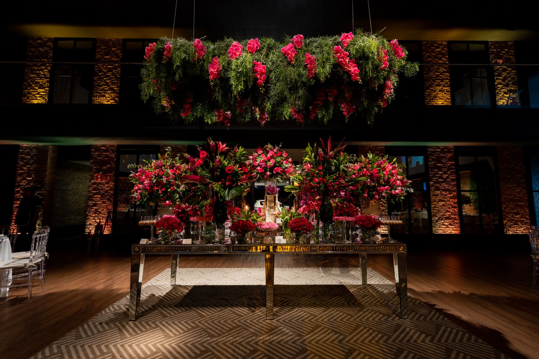 A wedding venue decorated at night