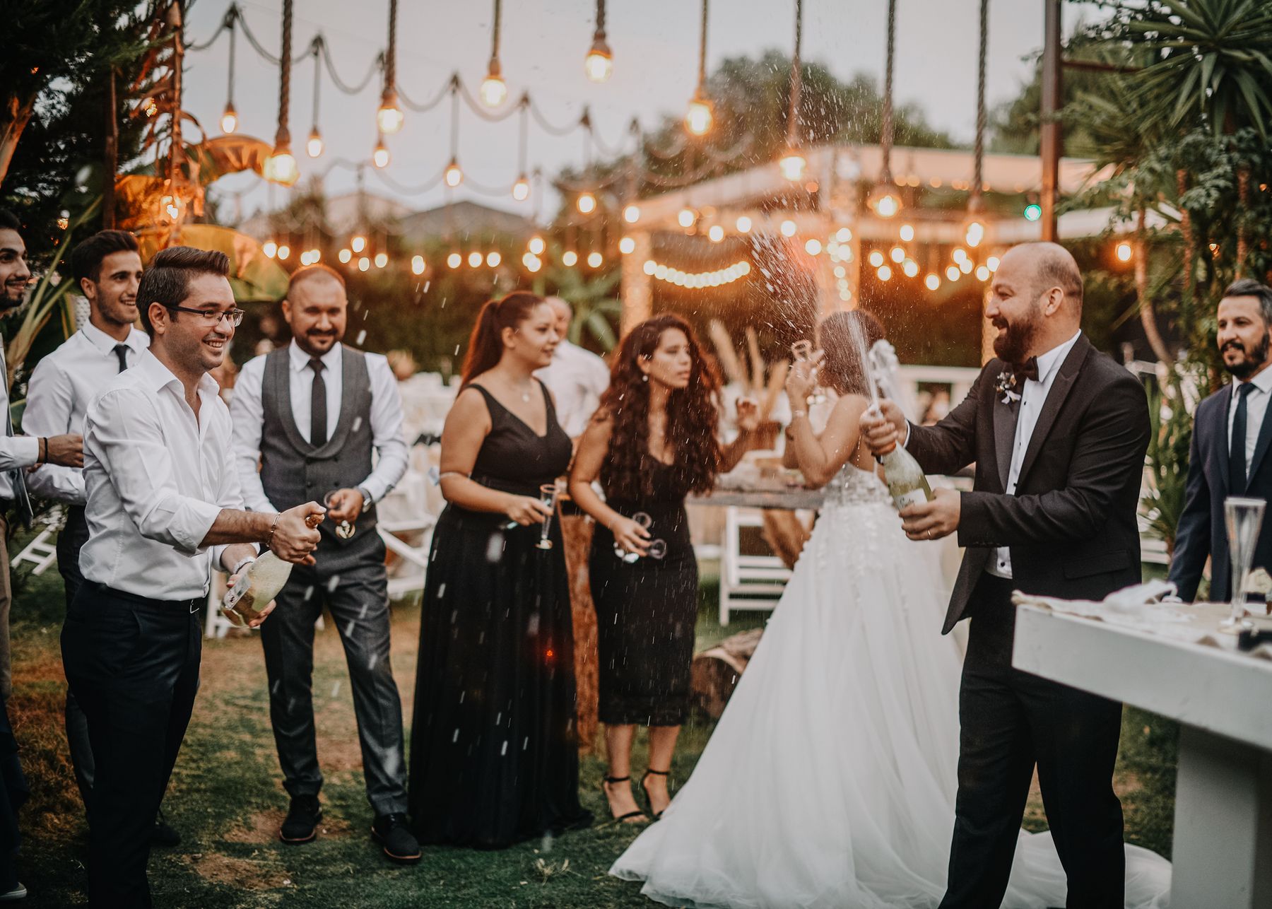 Guests raising a toast under festoon lights