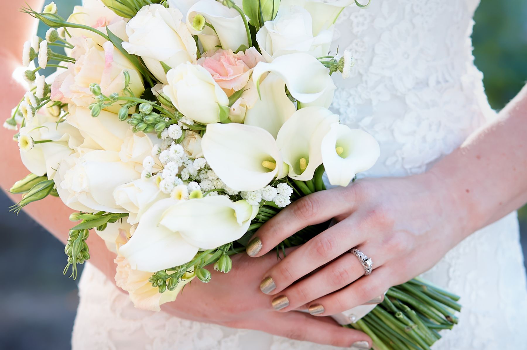 A wedding bouquet beside a ring box
